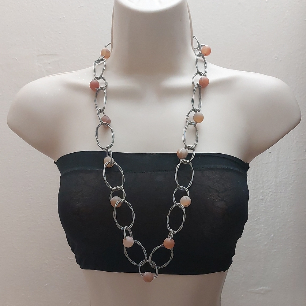 OOAK Natural Unpolished Peach Moonstone Linked Coiled Wire Statement Necklace